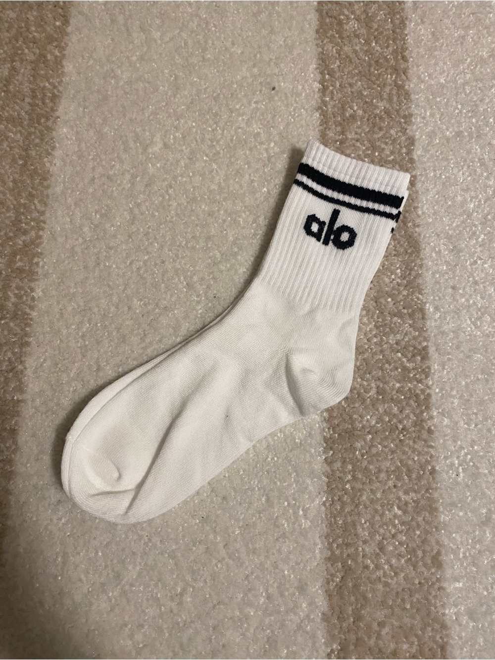 ALO Yoga White Crew Sock with Black Stripes and Logo